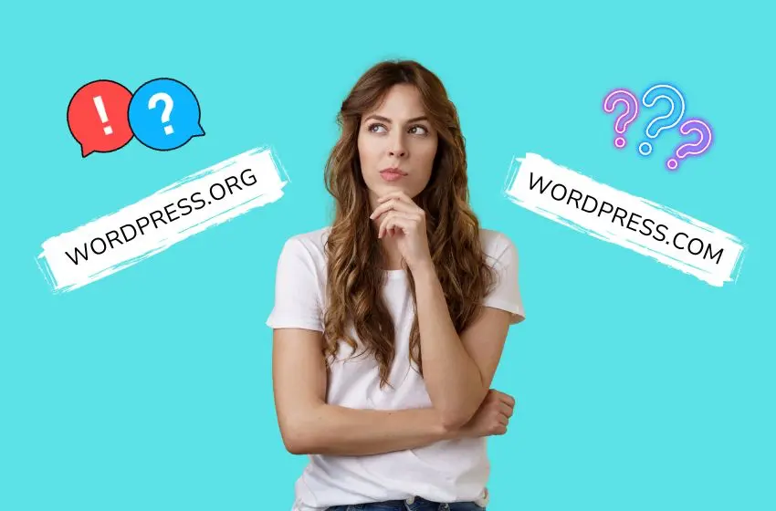 Eine Frau denkt über die Unterschiede zwischen WordPress.org und WordPress.com nach, dargestellt durch Sprechblasen mit Symbolen, die die Vorteile von wordpress.com und WordPress.org zeigen.