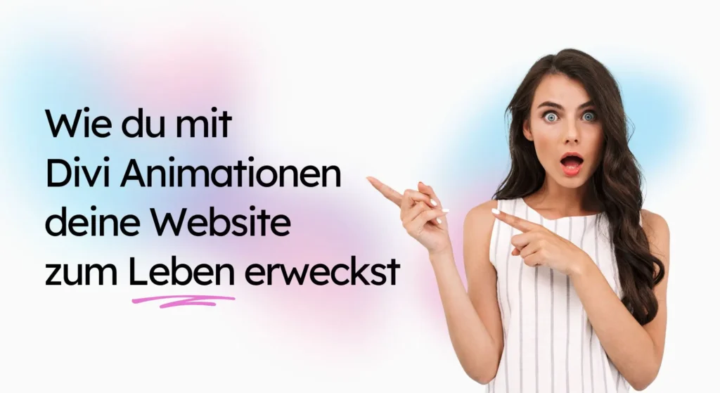 Eine Frau zeigt auf einen deutschen Text und betont die Vorteile von Divi-Animationen, um eine Website zu beleben. Entdecken Sie, wie sich WordPress-Vorteile nahtlos integrieren lassen, um die Kreativität im Web zu steigern und das Publikum zu fesseln.